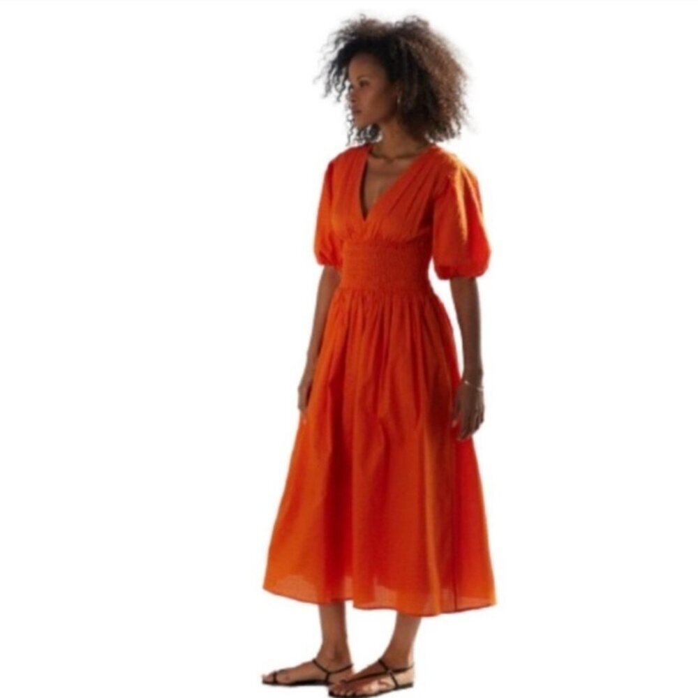 AYR Vibrant Orange Extra Extra Puff Sleeve Midi Dress Size Med NWOT